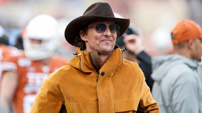 Actor Matthew McConaughey watches on the Texas Longhorns sideline in the second half against the Texas Tech Red Raiders at Darrell K Royal-Texas Memorial Stadium on Nov. 29, 2019 in Austin, Texas.