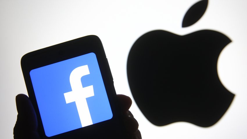 UKRAINE – 2021/04/18: In this photo illustration, the Facebook logo seen displayed on a smartphone in front of an Apple logo. (Photo Illustration by Pavlo Gonchar/SOPA Images/LightRocket via Getty Images)