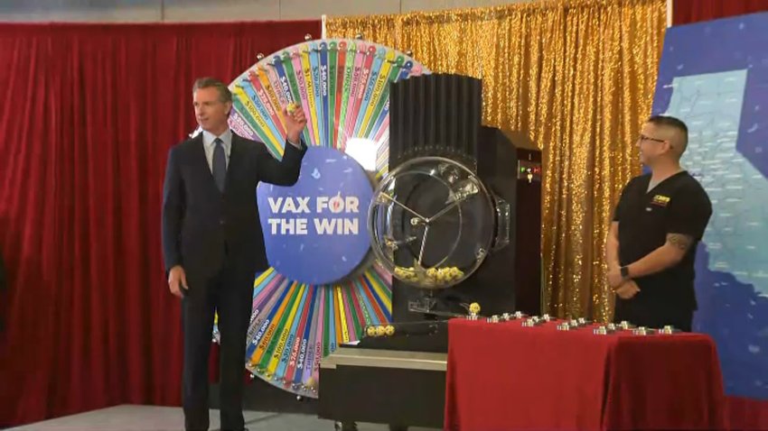 Gov. Gavin Newsom at a "Vax for the Win" drawing.