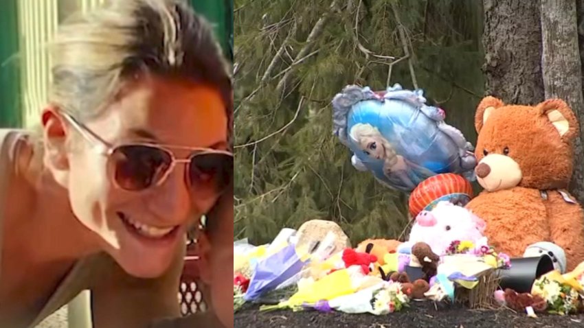 A photo of Lindsay Clancy alongside a makeshift memorial outside the Duxbury home where she lived with her husband and their three children.