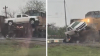 De película: camioneta sale disparada al ser embestida por un tren