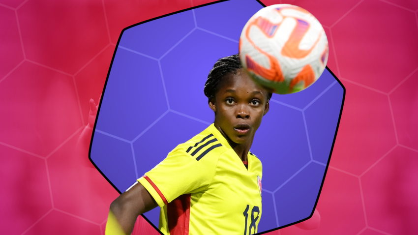 Linda Caicedo looks at a soccer ball