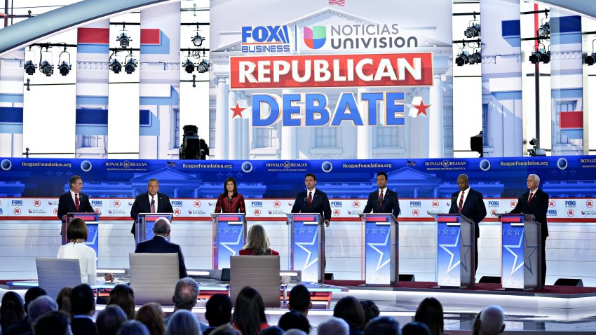 2024 Republican presidential candidates Doug Burgum, from left, Chris Christie, Nikki Haley, Ron DeSantis, Vivek Ramaswamy, Senator Tim Scott and former US Vice President Mike Pence during a debate hosted by Fox Business Network in Simi Valley, California, US.