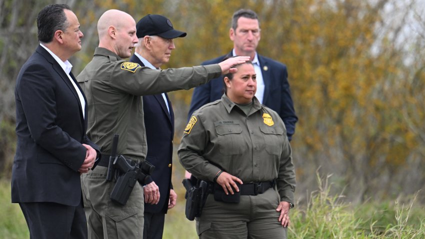 US President Joe Biden listens to Jason Owens (2nd L), Chief of US Border Patrol, as he visits the US-Mexico border in Brownsville, Texas, on February 29, 2024. (Photo by Jim WATSON / AFP) (Photo by JIM WATSON/AFP via Getty Images)