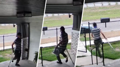 En video: hombre en muleta habría robado en una casa y sale brincando del lugar
