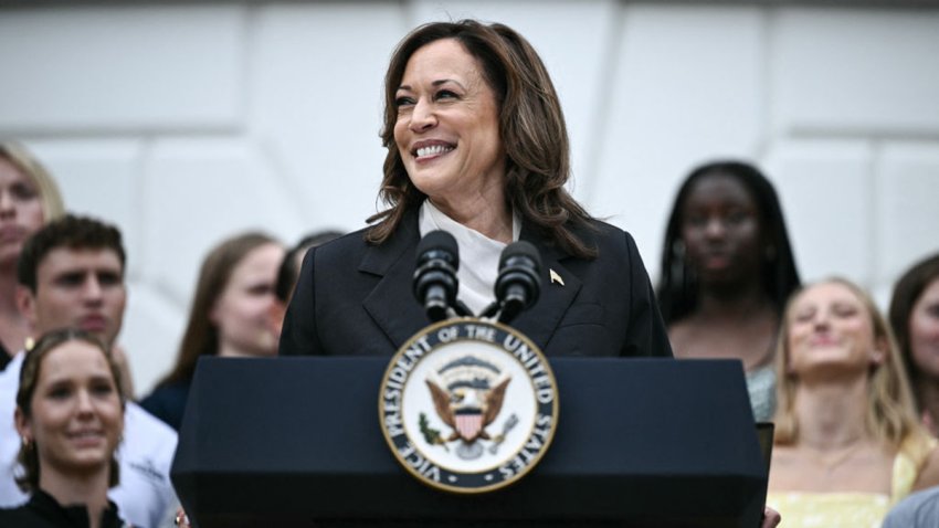 US Vice President Kamala Harris speaks during an event honoring National Collegiate Athletic Association (NCAA) championship teams from the 2023-2024 season, on the South Lawn of the White House in Washington, DC on July 22, 2024. Joe Biden on July 21, 2024 dropped out of the US presidential election and endorsed Vice President Kamala Harris as the Democratic Party’s new nominee, in a stunning move that upends an already extraordinary 2024 race for the White House. Biden, 81, said he was acting in the “best interest of my party and the country” by bowing to weeks of pressure after a disastrous June debate against Donald Trump stoked worries about his age and mental fitness. (Photo by Brendan SMIALOWSKI / AFP) (Photo by BRENDAN SMIALOWSKI/AFP via Getty Images)