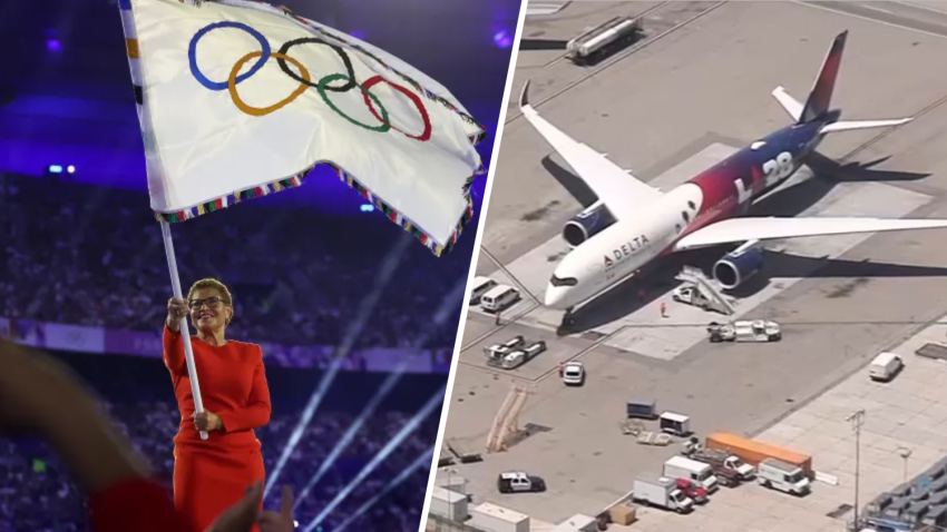 Mayor Karen Bass arrived at LAX Monday Aug. 12, 2024 with the Olympic flag.