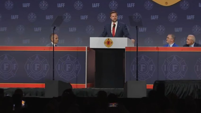 JD Vance speaks at IAFF in Boston, Massachusetts.