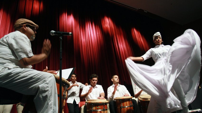 HUMACAO, PUERTO RICO – SEPTEMBER 18:  A Bomba and Plena (Bomba y Plena) group performs as part of Latin GRAMMY In The Schools at Escuela Libre de Musica “Anita Otero” on September 18, 2018 in Humacao, Puerto Rico.  (Photo by Gladys Vega/WireImage)