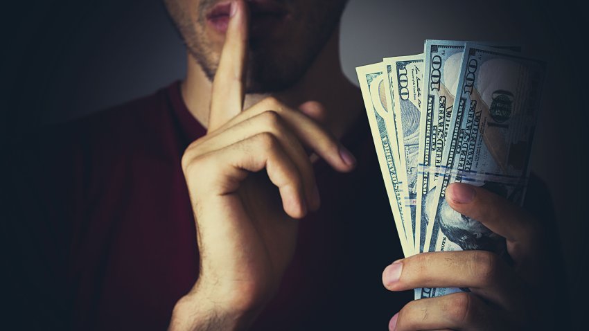 Bribery people with dollar bills in hand and quiet gesture