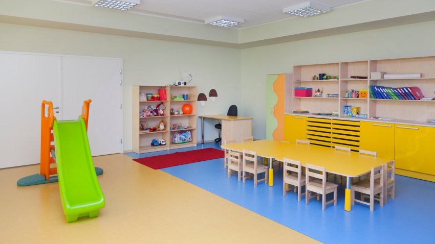 Day care nursery or pre-school kindergarten school, spacious interiors, classroom