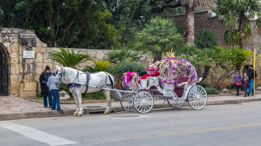 Tourist family on a Lollypop horse and carriage tour in downtown San Antonio, Texas. (Photo by: Ron Buskirk/UCG/Universal Images Group via Getty Images)