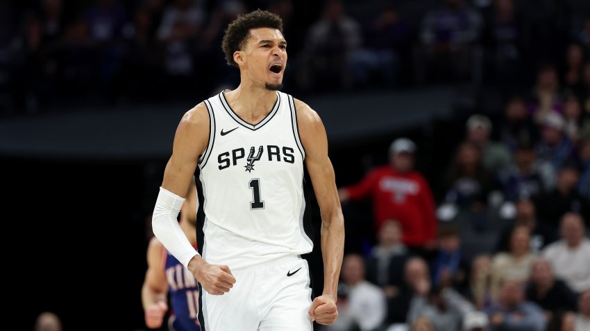 SACRAMENTO, CALIFORNIA – DECEMBER 01: Victor Wembanyama #1 of the San Antonio Spurs reacts after the Spurs made a basket against the Sacramento Kings in the second half at Golden 1 Center on December 01, 2024 in Sacramento, California. NOTE TO USER: User expressly acknowledges and agrees that, by downloading and/or using this photograph, user is consenting to the terms and conditions of the Getty Images License Agreement.   (Photo by Ezra Shaw/Getty Images)