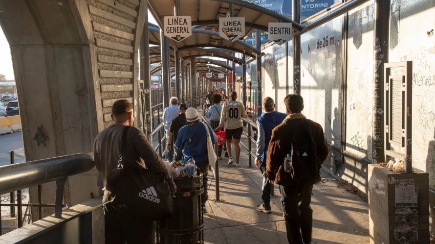 Tijuana, B.C., Mexico – April 10, 2024 : International travelers enter the pedestrian line to cross into the United States from Tijuana at the San Ysidro Port of Entry