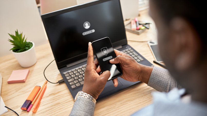 Serbia, Zemun, Man applying 2-step verification, Data security