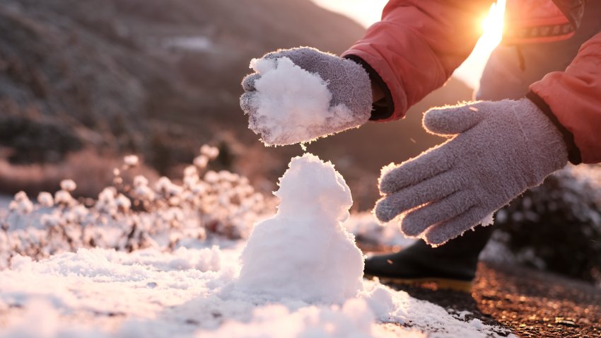 Close up hands making a snowman in morning glory