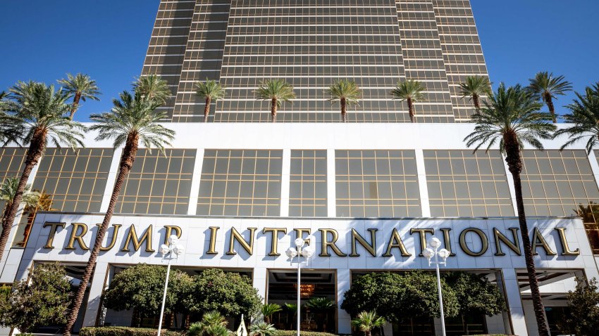 LAS VEGAS, USA – AUGUST 22, 2024: Trump international Hotel, also called Las vegas Trump Tower. it’s luxury hotel and condo skyscraper, owned by Donald Trump with the sign trump international.