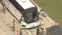 A charter bus crashed into a rock hauler in far north Fort Worth on Friday afternoon, April 25, 2025.
