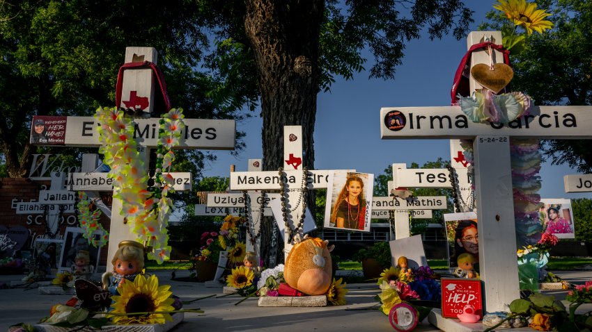 UVALDE, TEXAS – MAY 24: A memorial dedicated to the 19 children and two adults murdered on May 24, 2022 during the mass shooting at Robb Elementary School is seen on May 24, 2023 in Uvalde, Texas. Today marks the 1-year anniversary of the mass shooting at the school. 19 children and two teachers were killed when a gunman entered the school, opening fire on students and faculty. (Photo by Brandon Bell/Getty Images)