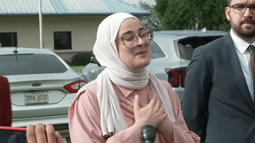 Tufts student Rumeysa Ozturk speaks moments after being released from an ICE detention facility in Louisiana on Friday, May 9, 2025.