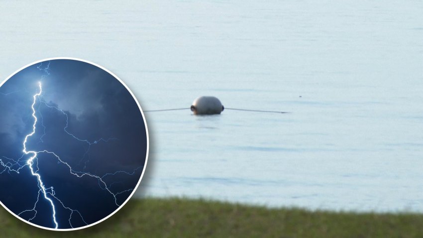 Doce heridos por impacto de rayo en lago de Carolina del Sur. Foto de lago y collage de un rayo genérico en el cielo.