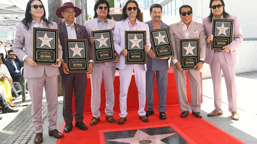 HOLLYWOOD, CALIFORNIA – JULY 23: Los Bukis (Jose Javier Solis, Eusebio "Chivo" Cortez, Roberto Guadarrama, Marco Antonio Solis, Joel Solis, Pedro Sanchez and Jose "Pepe" Guadarrama) attend Los Bukis Honored With Star On The Hollywood Walk Of Fame on July 23, 2025 in Hollywood, California. (Photo by Alberto E. Rodriguez/Getty Images)