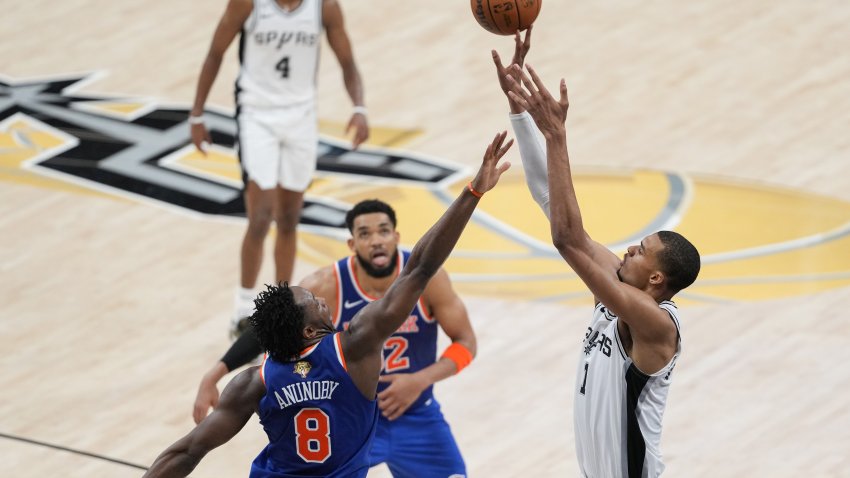 SAN ANTONIO, TX – JUNE 5: Victor Wembanyama #1 of the San Antonio Spurs shoots the ball during the game against the New York Knicks during Game One of the 2026 NBA Finals on June 5, 2026 at Frost Bank Center in San Antonio, Texas. NOTE TO USER: User expressly acknowledges and agrees that, by downloading and or using this photograph, User is consenting to the terms and conditions of the Getty Images License Agreement. Mandatory Copyright Notice: Copyright 2026 NBAE(Photo by Jacob Gonzalez/NBAE via Getty Images)
