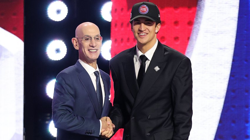 NEW YORK, NEW YORK – JUNE 23:  NBA commissioner Adam Silver shakes hands with Karim López after he is drafted twenty-first overall by the Detroit Pistons during Round One of the 2026 NBA Draft at Barclays Center on June 23, 2026 in New York City.  (Photo by Arturo Holmes/Getty Images)