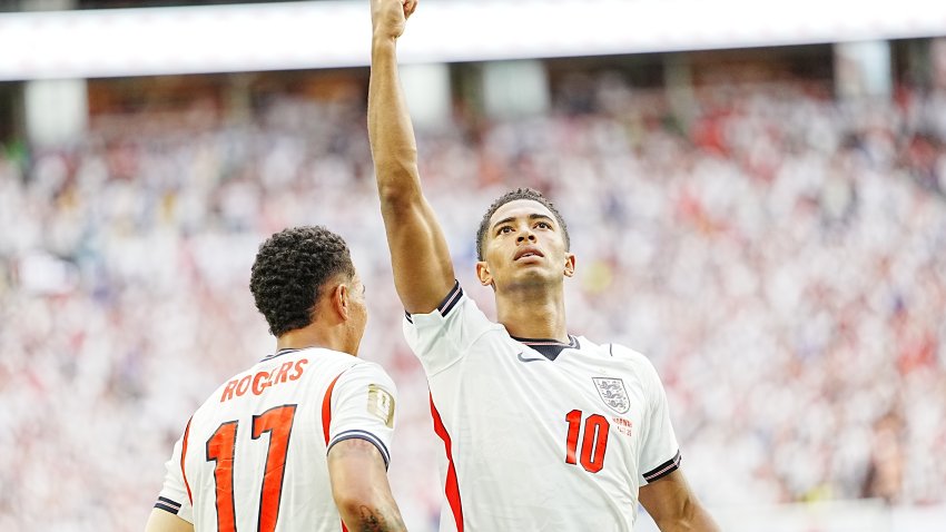 MIAMI GARDENS, FLORIDA – JULY 11: Jude Bellingham (10) of England celebrates goal during the 2026 FIFA World Cup quarterfinal match between Norway and England at Miami Stadium in Miami Gardens, Florida, United States, on July 11, 2026. (Photo by Evrim Aydin/Anadolu via Getty Images)